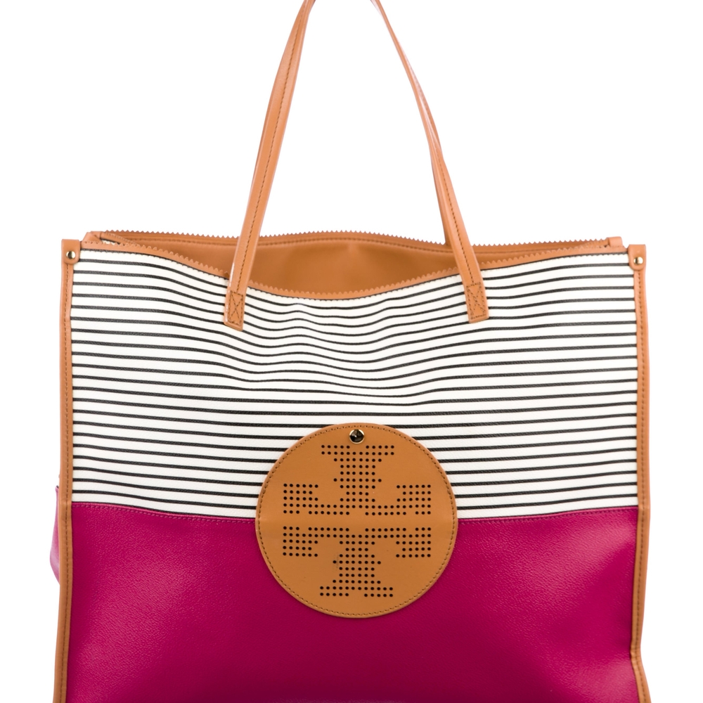 Tory Burch Pink and Tan Striped Tote Bag
